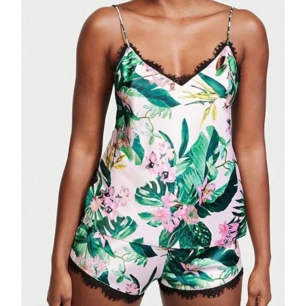 Victoria's Secret Stretch Satin Lace Back Cami Tropic Paradise S - Picture 1 of 6